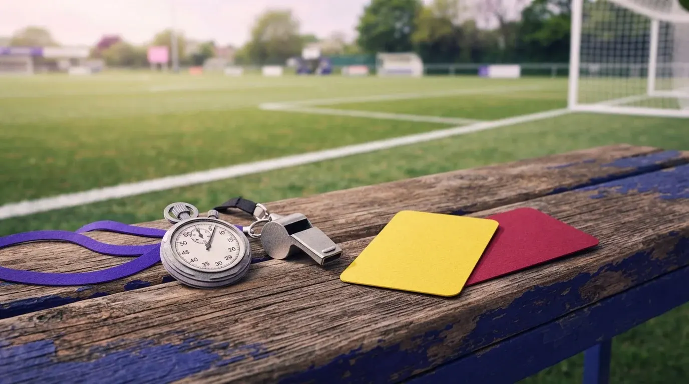 Schiedsrichterpfeife, Stoppuhr und Verwarnungskarten am Spielfeldrand