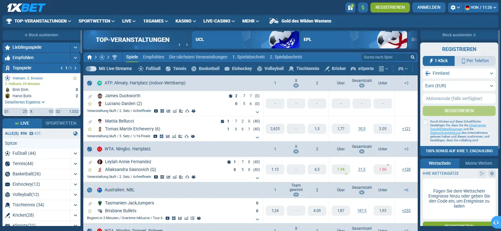 Sportarten-Navigation und Marktübersicht des 1xBet-Internetangebots.