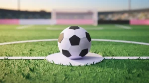 Fußball auf dem markierten Elfmeterpunkt eines gepflegten Fußballrasens.
