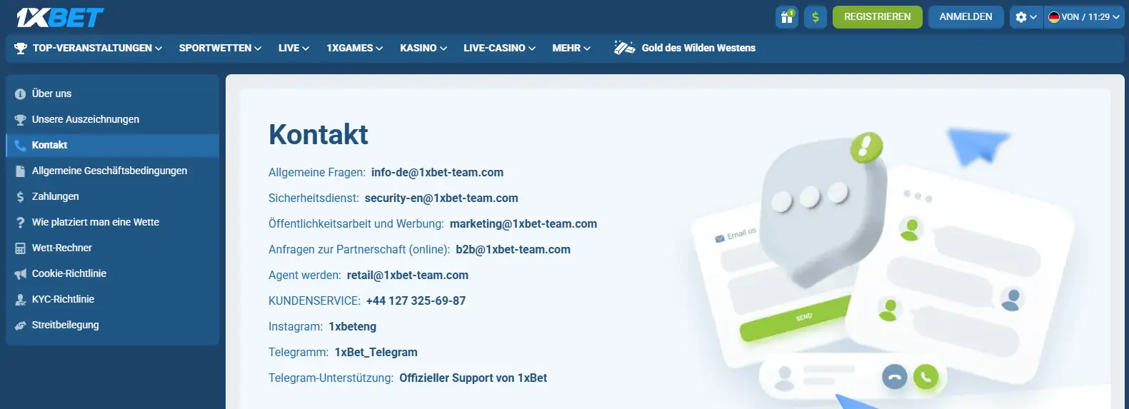Kontaktübersicht von 1xBet mit allgemeinen Kundendienstangaben.