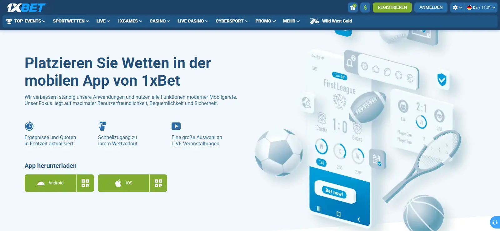 Informationsabschnitt über mobile Funktionen im 1xBet-Internetangebot.