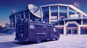 Übertragungswagen mit Satellitenschüssel an der Außenseite eines abendlichen Fußballstadions.
